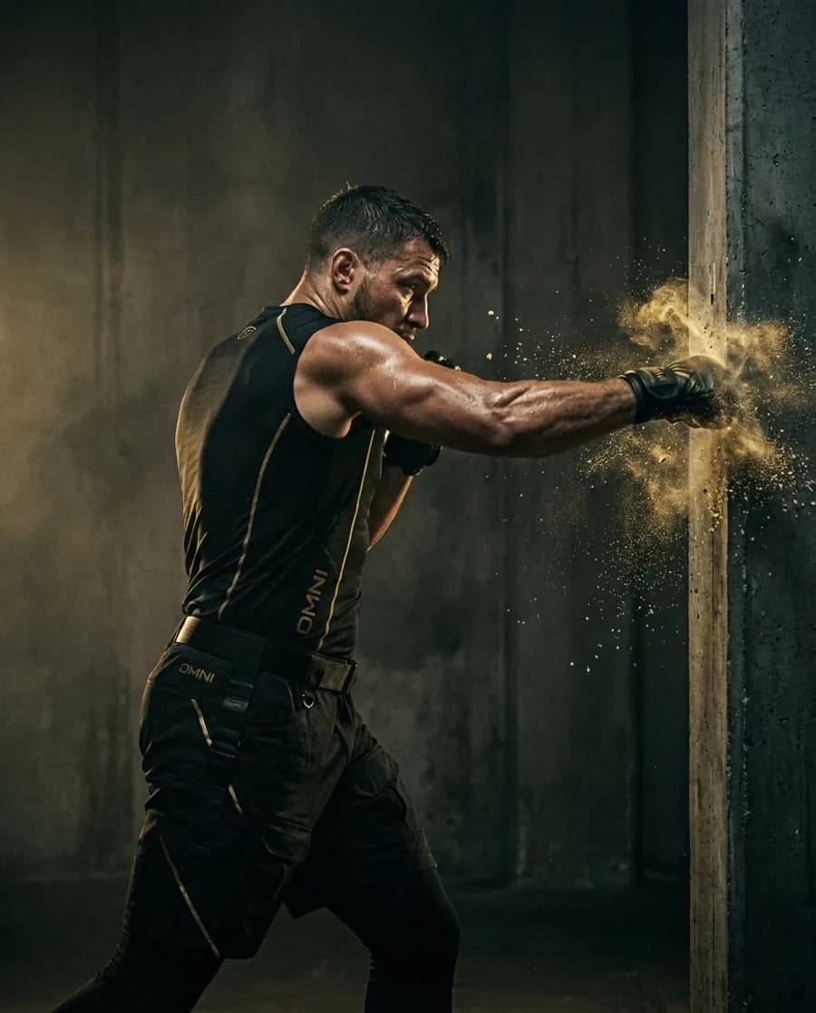 OMNI G.A.M.E. Combat — Schlag gegen eine Betonwand, Staub im Gegenlicht