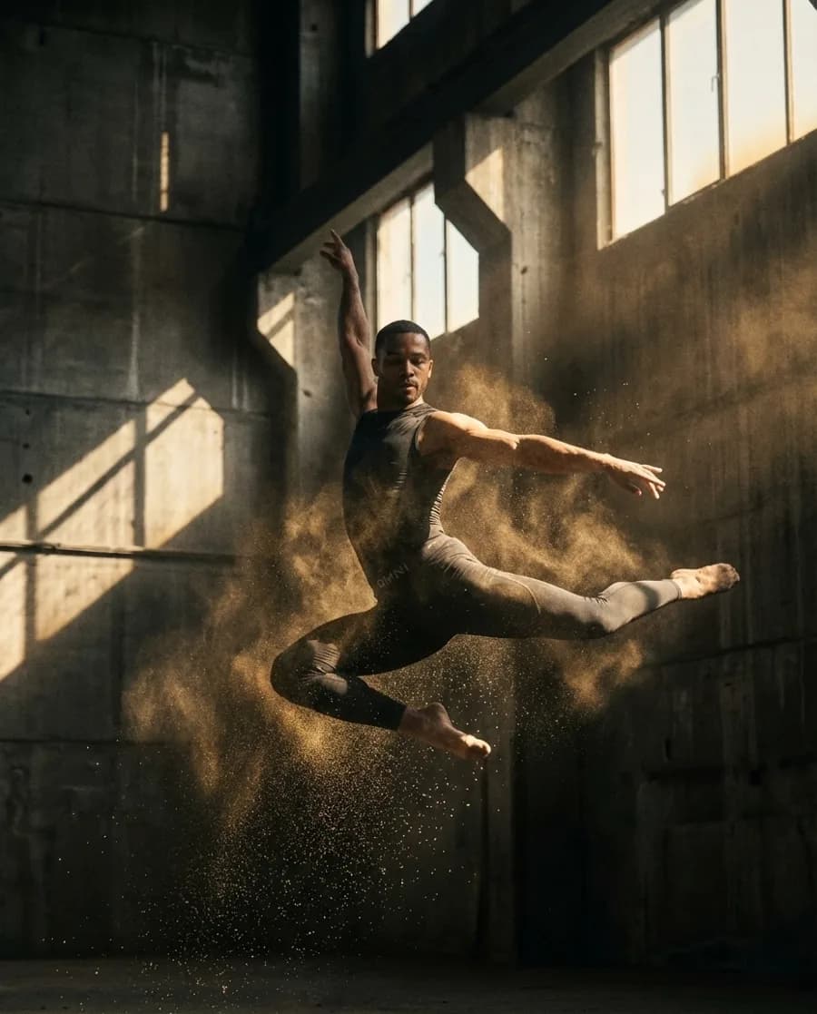 OMNI G.A.M.E. Motion — Sprung in einer Industriehalle, aufgewirbelter Staub